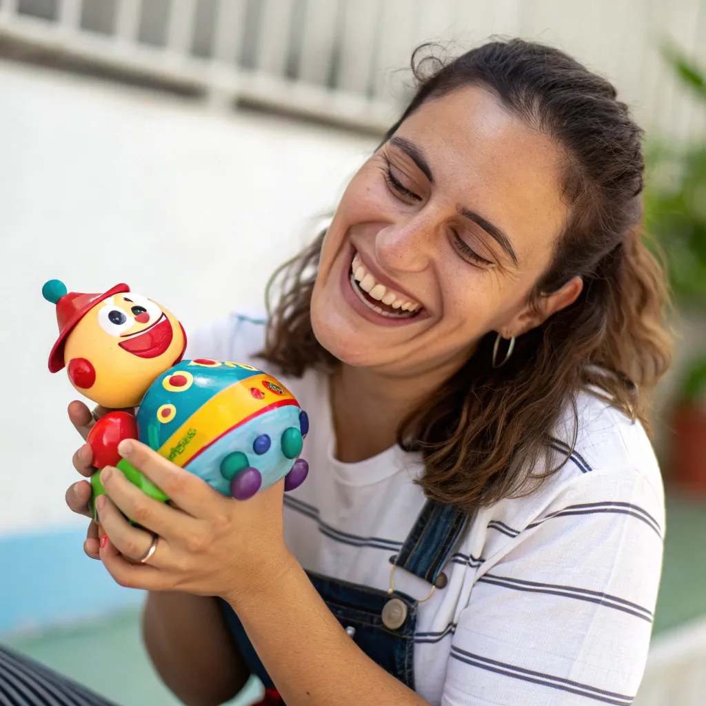 Smiling woman holding a toy