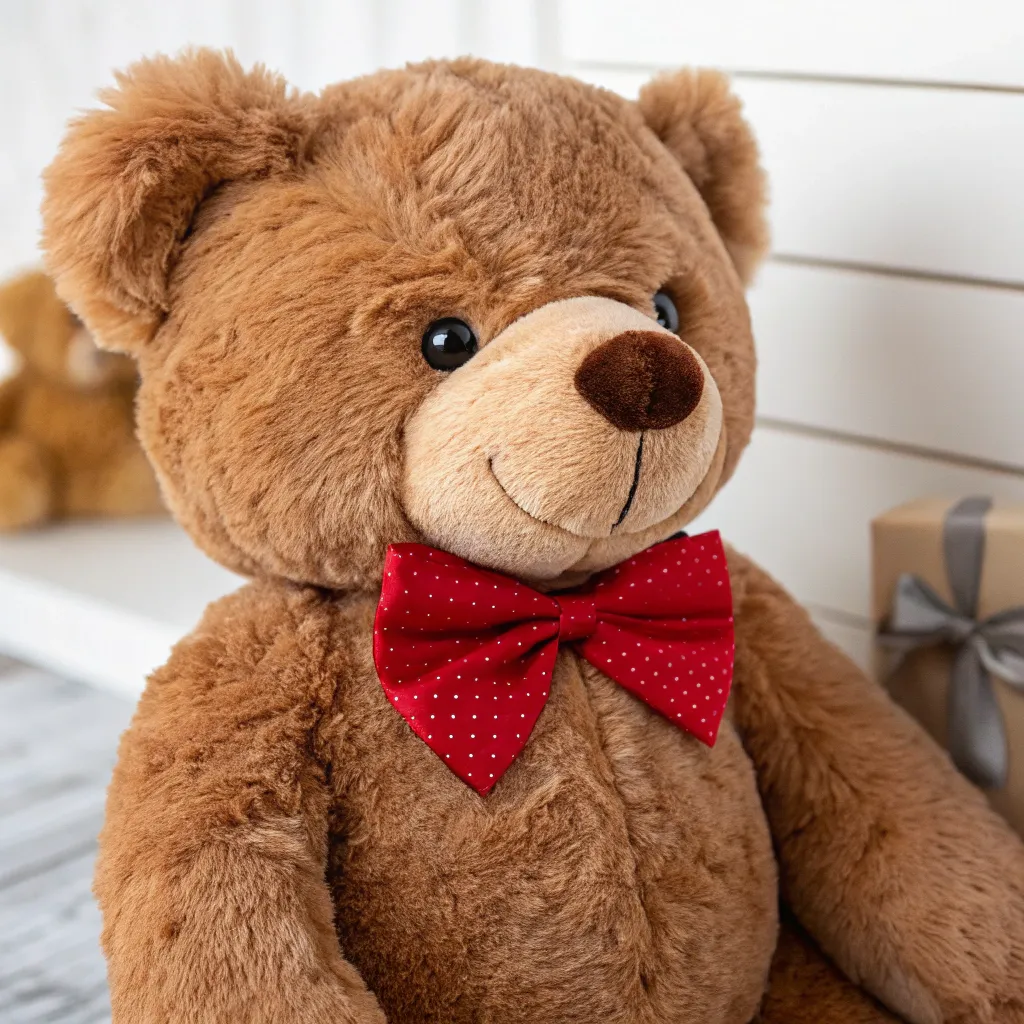 Cute brown teddy bear with a red bow tie