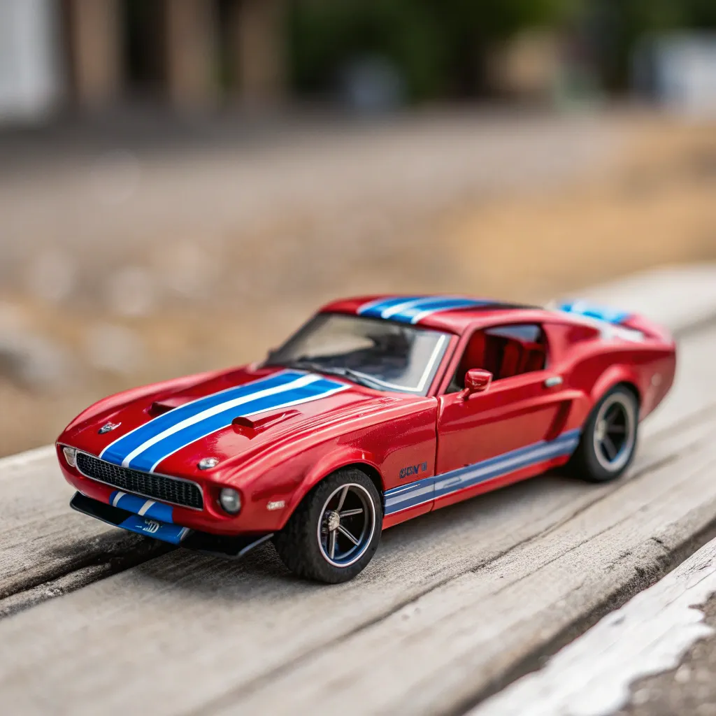 Red toy car with blue stripes